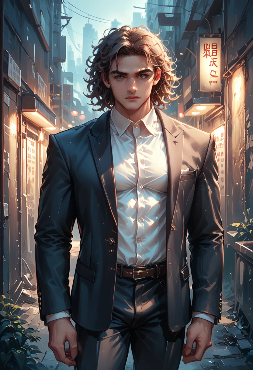 Male, muscular, brown skin, long brown curly hair, dark suit pants, black blazer with white shirt inside, city background, night, in a dark alley, realistic, 8k, Unreal Engine, highly detailed, octane rendering,