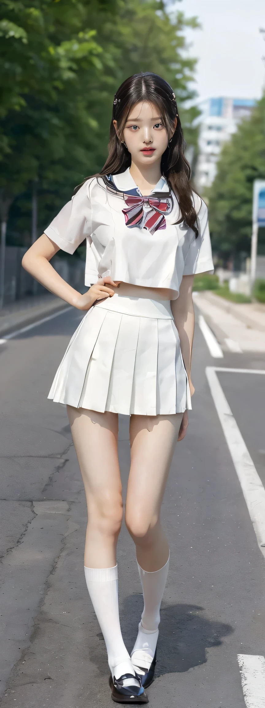 RAW Photos, Very delicate and beautiful, masterpiece, Highest quality, Ultra-high resolution, 16K, hyperRealistic, Realistic, (((((whole bodyショット:1.8)))))，((Japanese high school girls in school uniforms:1.7)),((The background is a very stylish modern city:1.2)), ((It is a beautiful sidewalk that is ultra-modern and clean.:1.2)),(((whole bodyショット:1.8)))，((((She looks just like Wonyoung from the Korean idol group IVE..:1.9))))，(((Checkered high school uniform short mini skirt:1.6))),(((High school uniform summer short-sleeved white shirt:1.7))), (((Wear a red bow tie:1.6))),(((((Wear very short socks that reach down to your ankles on both feet.:1.8))))),((((Wear black loafers:1.9))))，(((Clothing that exposes a lot of bare skin:1.7)))，((Bare skin on feet:1.8))， ((((Stand up straight:1.6)))),(((((Stand with your feet together:1.7))))),((Stand up straight:1.6)),(Turn the whole body towards me),((Bare skin on thighs:1.8))，((Bare skin on lower legs:1.8))，((((whole body :1.8)))),((((Short socks that expose a lot of the lower legs:1.7))))，(White socks on both feet:1.3)，photoRealistic, photo-Realistic, Fingers are recreated in great detail，Beautiful hands，Very detailed, Perfect Anatomy, Very detailed肌, Perfect figure, Very detailed CG 8k wallpaper, Erect nipples, perfect nipples, Perfect breasts, Perfect hands, Perfect Fingers,Beautiful hands, Fair skin, Medium chest, blush, the wind is strong,((Long legs))，((Thin legs))， sexy legs,Sunny daytime,((9 heads and body beauty)), Fluffy hair, bangs,(Green roadside trees can be seen in the background.),  (Small Ass)，long and thin arms，Long legs, Mid-chest, Beautiful Hair,Hands down,Tight waist，smile,cute,Beautiful girl Happy,Medium chest,  Laughter,Black Hair, ((Tight waist))，((Height 173cm:1.3))，(Slim model body shape)，(slim and muscular athletic build:1.3)，(slim but muscular legs)，(((Thin thighs)))，(((Long thighs)))，Tight ankles,1 person,Long legs，cute，beautiful girl，((((Anatomically correct:1.4))))