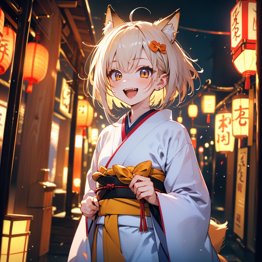 (8k, RAW Photo, Top Quality, Refined Details, Masterpiece: 1.2), (High Resolution 8k Wallpaper), Sharp Focus, Professional Lighting, Depth of Field, Cinematic Lighting, Background Blur, (1Girl:1.5),(A humanoid fox girl),(short hair featuring a yellow and orange gradient), She is wearing a short orange and white gradation dress that is a modern remake of a traditional kimono. She is looking straight into the camera with a bright smile.The background is Inari Shrine in Japan,Nine-tailed fox stuffed animal