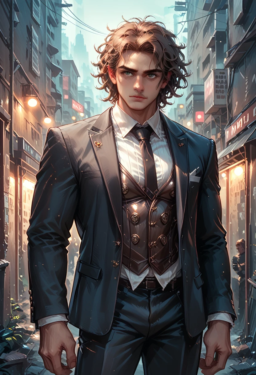 Male, muscular, brown skin, long brown curly hair, dark suit pants, black blazer with white shirt inside, city background, night, in a dark alley, realistic, 8k, Unreal Engine, highly detailed, octane rendering,