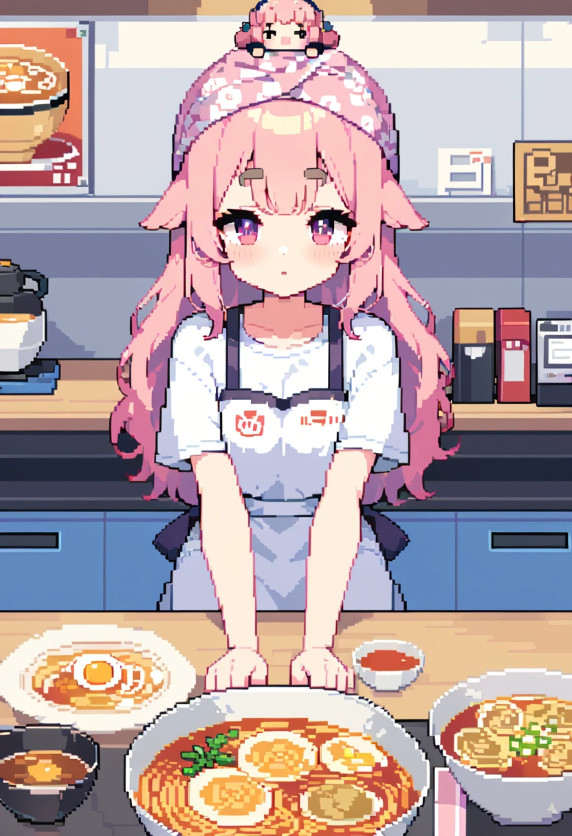 (((Highest quality, 8k, masterpiece: 1.3)), Beautiful pixel art, One Woman, Pink long hair, Fluffy hair, Thick eyebrows, White T-shirt, Blue jeans, apron, Pink bandana on head, Ramen shop, Ramen shopの厨房, 1 mini sheep