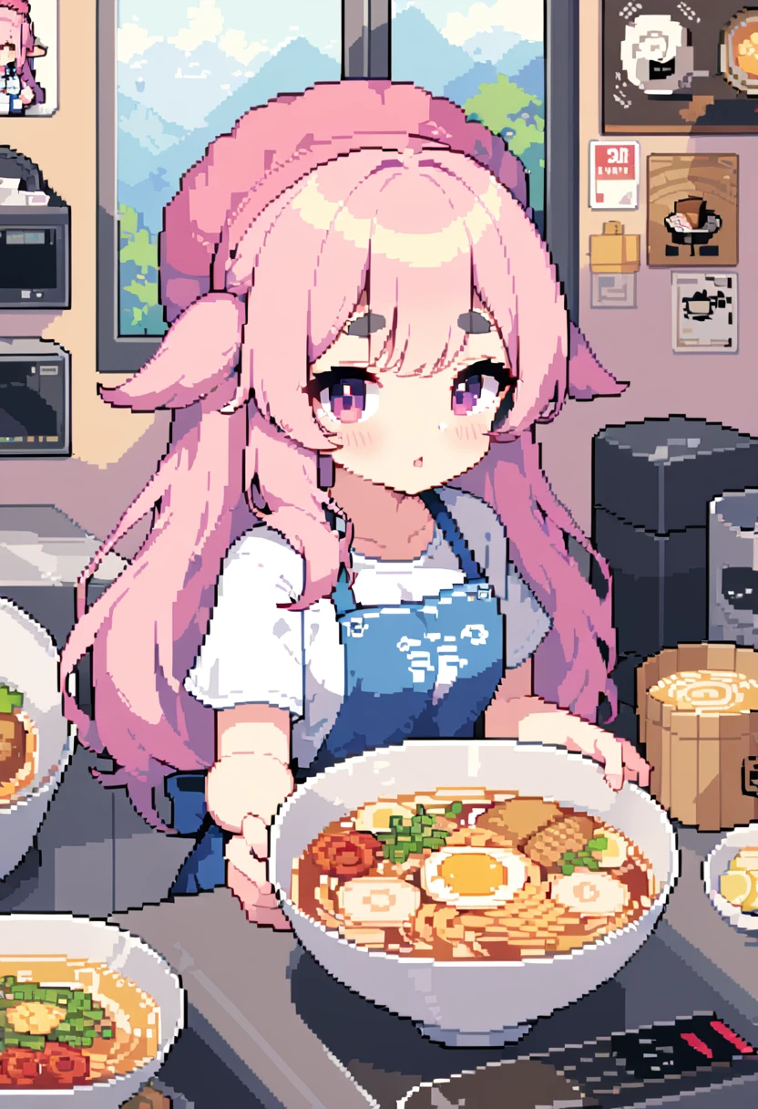 (((Highest quality, 8k, masterpiece: 1.3)), Beautiful pixel art, One Woman, Pink long hair, Fluffy hair, Thick eyebrows, White T-shirt, Blue jeans, apron, Pink bandana on head, Ramen shop, Ramen shopの厨房, 1 mini sheep