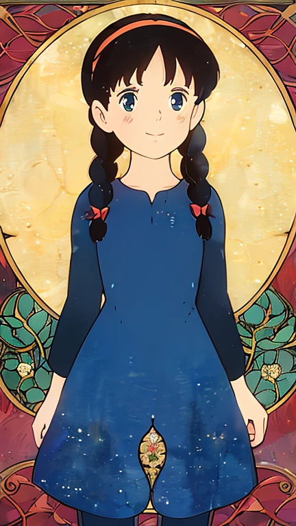 (1girl, solo, highly insanely detailed, masterpiece, top quality, best quality, highres, 4k, 8k, RAW photo),((innocent look)),((Childish)),From the front, symmetrical composition,smile,cute,Innocent,Kind eyes,Flat chest,ArsMJStyle, Art Nouveau,ghibli style,vines, (Sheeta), (braids,
blue_dress,), standing 