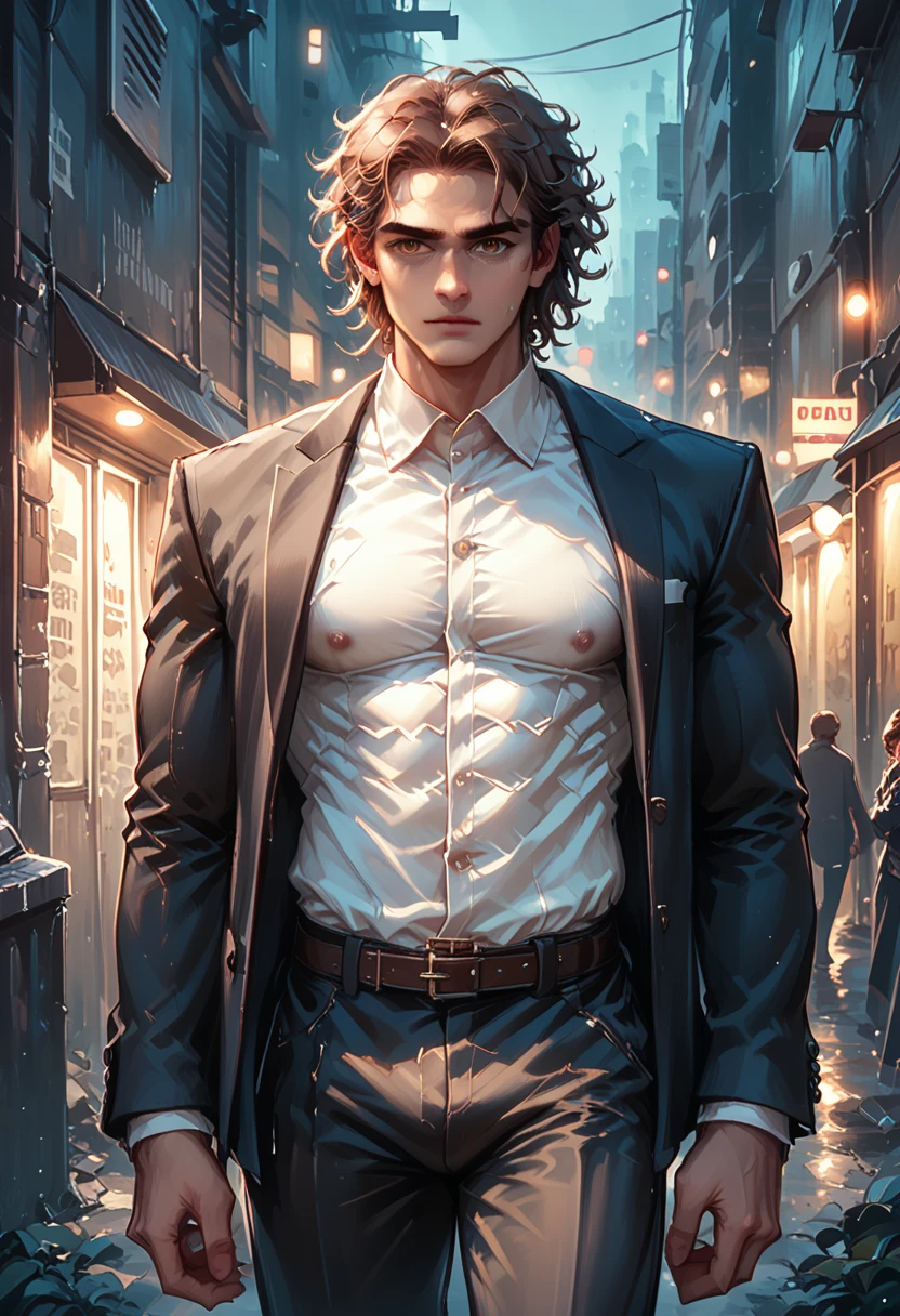 Male, muscular, brown skin, long brown curly hair, dark suit pants, black blazer with white shirt inside, city background, night, in a dark alley, realistic, 8k, Unreal Engine, highly detailed, octane rendering,