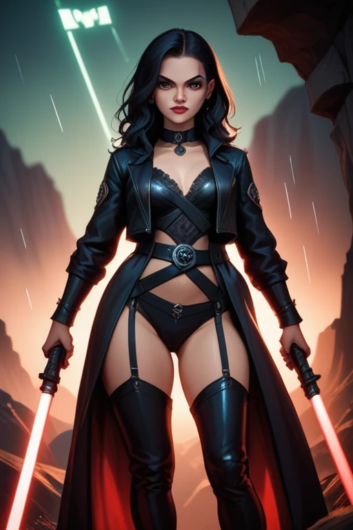 (8k, foto RAW, melhor qualidade, obra-prima: 1.2), ultra detalhado, arte oficial, foto-realista: 1.37, foto na parte superior do corpo, Star Wars Sith, grain of film, Action Pose, rosto detalhado, legend of queen opala, 1girl, osira (character), black hair, dark skin, yellow eyes, blunt bangs, big breasts,