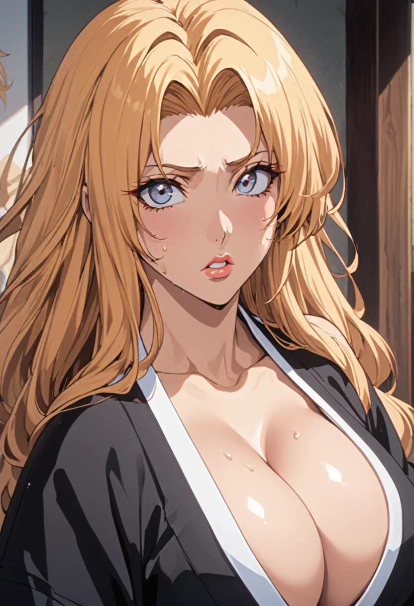 masterpiece, Highest quality, High resolution, (Matsumoto Rangiku),(BLEACH),1990s \(style\),G-cup beautiful breasts、height: 170cm,Sweating all over the body、Muscular,((sexy)),独奏,Innocence,Anime-style painting style, Blonde,long hair、Big eyes,Plump lips,Airy hairstyle,Japanese clothing,Composition focusing on the upper body