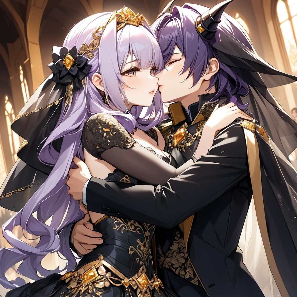 ((Highest quality)), ((masterpiece)), (detailed), （Perfect Face）、The woman has light purple hair in Extia Magica、The woman is wearing a gorgeous black wedding dress with gold embroidery and trim, and a black wedding veil, and is embracing and kissing the great demon king to celebrate their wedding.