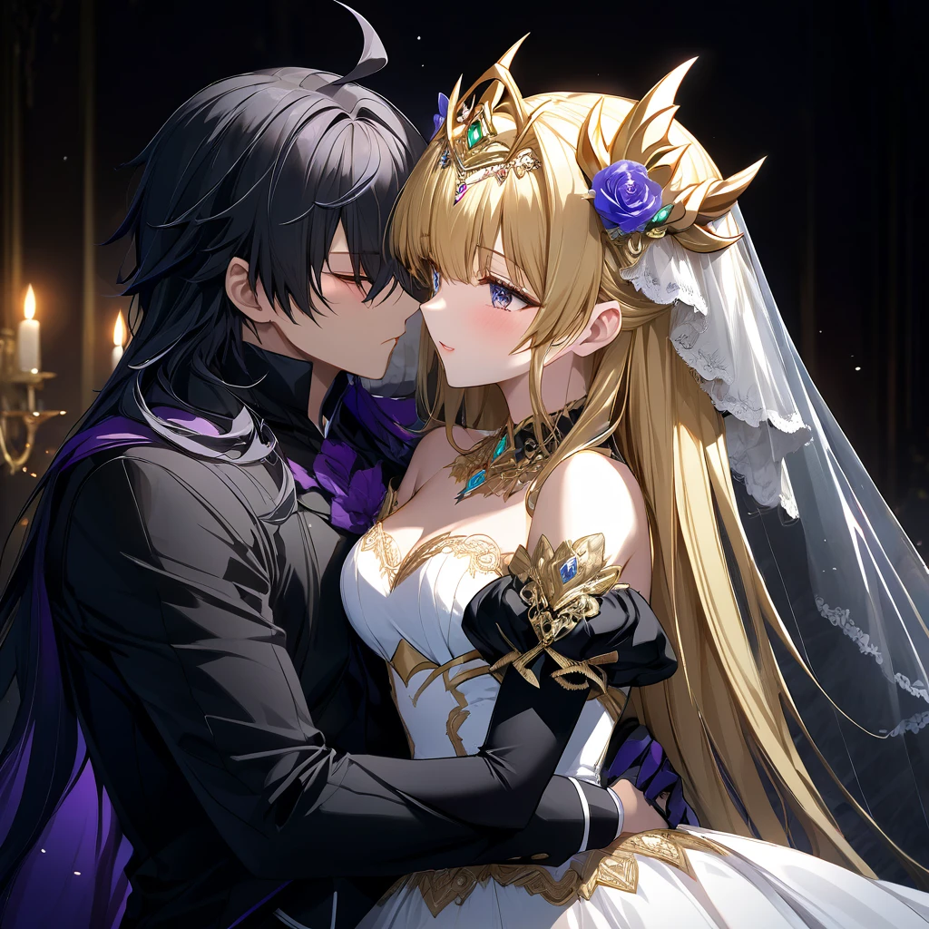 ((Highest quality)), ((masterpiece)), (detailed), （Perfect Face）、The woman is Extia Spica、The woman is wearing a gorgeous black wedding dress with gold embroidery and trim, and a black wedding veil, and is embracing and kissing the great demon king to celebrate their wedding.