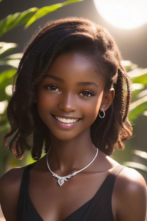 (portrait, editorial photograph)  (((( beautiful black girl )))) , adorable face, long brown curly hair, hazel eyes, by lee jeffries, nikon d850, film stock photograph ,4 kodak portra 400 ,camera f1.6 lens ,rich colors ,hyper realistic ,lifelike texture, dramatic lighting, (highly detailed face:1.4), perfect eyes, realistic iris, perfect teeth, (smile:0.7), (background dark, shadow of the leaves, moody, cleavage), sun rising, early morning light, Wishing for something, masterpiece, best quality, photorealistic, (((( Citizen of Guinea-Bissau )))), very cute super model, perfect anatomy, skinny, ((1 girl)), (colorful reflections in the eye), (nudist), (smiling, white teeth), small nipples
