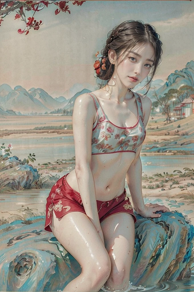 (((best quality))), (((ultra detailed))), (((masterpiece))),(gongbi:1.5),illustration,((1 beautiful young girl,solo)),((short hair,braids)),(detailed eyes:1.3),((blush,sweat,wet)),(smile:1.3),((slim,thin)),(healthy, vitality),((small breasts,flat chest)),(red floral sheer singlet:1.3),(navel:1.2),(red floral sheer shorts:1.3),(slender legs:1.2),(sitting on the rock:1.3),(On the riverbank:1.3),fresh wind,delicate,(holding a basin filled with clothes:1.3),vibrant colors,graceful, enchanting,hard work,cornfields,bright sunlight,(detailed background:1.3), vivid wildflowers, various colors, petals, fragrant, scent, flavor,houses in the distance, Chinese-style, green mountains, (clear water of river:1.3), eaves, harmonize, natural, environment, vegetable gardens, orchards, harvest, tranquility, naturalness,beauty, labor, blooming,(rural scape:1.3),(outdoor:1.3),(day scene:1.3),((summer, afternoon)), (countryside:1.3),((from front,upper body))