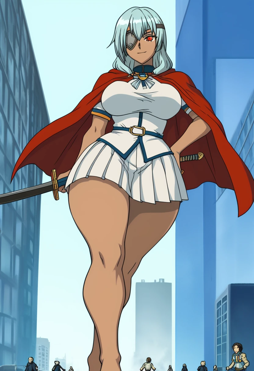 ultra-detailed, detailed face, detailed eyes, retro anime style, cartoon style, front view, from bottom, low angle, powerful shot, powerful effects, dynamic effects, dynamic shot, 

athletic curvy physique, inverted body type, attractive feminine curves, big breasts, curvy legs and arms, feminine curvy figure, (thick thighs, thick calves, thick voluptuous legs, big curvy hip, bare knees), ((style of plump voluptuous body)), 

white over-the-calf boots, leather lace boots, white dress armor, red cloak, gold metal epaulettes, navy pleated mini skirt, 

light blue long hair, red glowing eye, dark skin, dark-skinned male, eyepatch,

1 beautiful giant boy who is a brilliant knight, looking down with gallant smile, (elegantly walking on road between buildings, chasing small people around his steps, looking down people around his foot, put hand on hip, holding long sword in another hand, crossed legs, size difference), rampage, corrupted city, destroyed buildings, corrupted buildings, scattered rubble around his feet, cracks on the road she walked along, trampling tiny human with his foot, trampled human, dusts rolled up every she steps, overwhelming, terrible, 

building size, david,