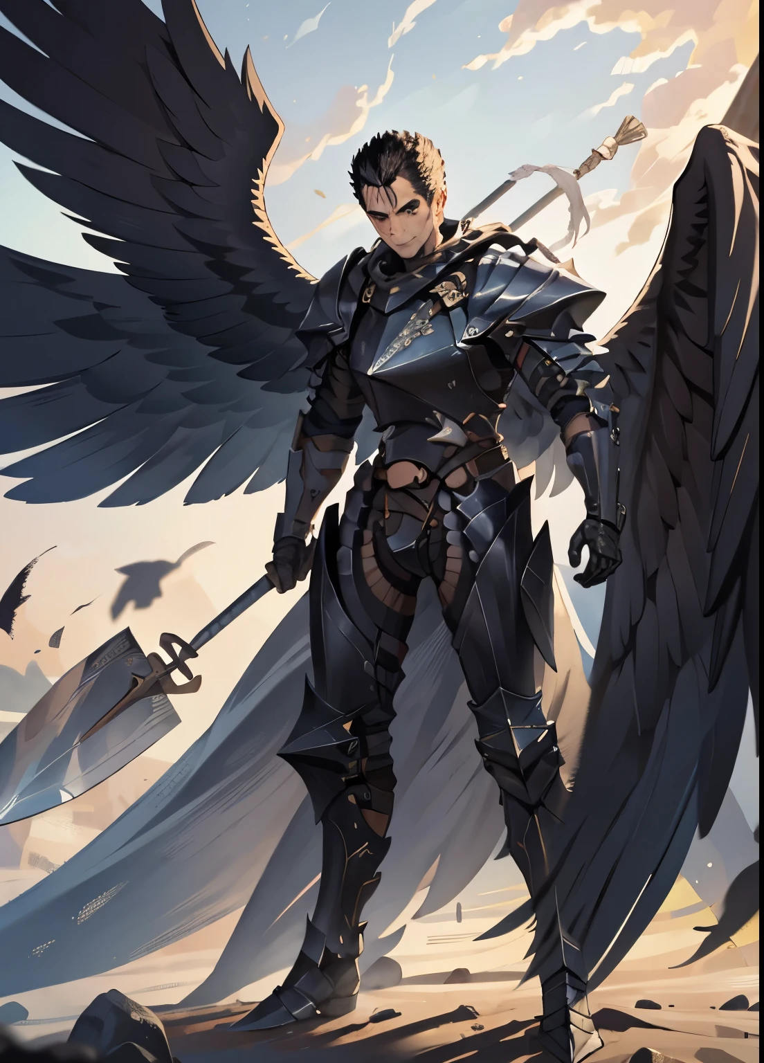 1man, (adult face),adult,black hair,short hair,scar in eye,black eye, serious face, smile, armor, angel, angel wings,war field,standing, looking at viewer,holding a claymore, masterpiece,extremely detailed CG unity 8k wallpaper, best quality,8K,focus sharp, sharp face, perferct face, (detailed face:1.3), full body picture