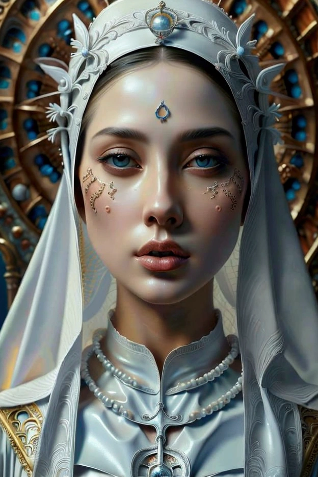 A beautiful ultra-thin realist portrait of the Virgin Mary, white outfit with blue details, ((divinity)), Whole body, biblical, realist, intricate details, por Abbott Fuller Graves, Bartholomew Esteban Murillo, JC Leyendecker, Craig Mullins, Peter Paul Rubens, (Caravaggio), trend in artstation, 8k, Conceptual art, Fantasy Art, Photorealist, realist, illustration, oil painting, Surrealism, Hyperrealist, brush brushes, Digital art, style,  watercolor