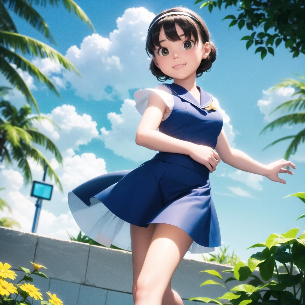 wallpaper, Clear Face, (masterpiece), town, blue sky, 一people々Girl, people々々Guide in the right direction, smile, 一people々in, Sailor suit、Long skirt, Overgrown, petal, plant、Skirt lining、Translucent slip、nostalgic、pantyhose、Night Grassland, Crotch close-up, I can see your underwear