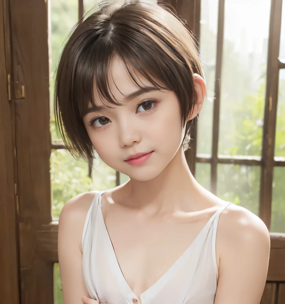 (((​masterpiece))),  (Two Japan Beautiful Girls, couple focus, classmates, Pure and innocent，kawaii) ，超A high resolution, Realistic, ultra-detailliert, 8K,top-quality, Extremely detailed, Detailed background,A slender,very beautiful japanese girl, Detailed face:1.3), (Boyish short-haired，A dark-haired :1.4), (a baby face，kawaii系,adorable 14 year old girls), (Perfect body:1.1), White Dress, Show your beautiful teeth，Bursting smile, beautiful off shoulder clavicle、Scrunchie,Super Detailed Face、Detailed lips、A detailed eye、small gravure idol，Transparent skin
