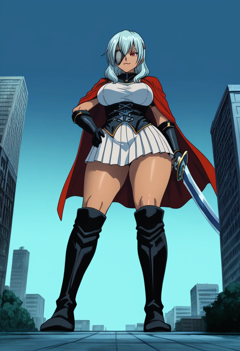 ultra-detailed, detailed face, detailed eyes, retro anime style, cartoon style, front view, from bottom, low angle, powerful shot, powerful effects, dynamic effects, dynamic shot, 

athletic curvy physique, inverted body type, attractive feminine curves, big breasts, curvy legs and arms, feminine curvy figure, (thick thighs, thick calves, thick voluptuous legs, big curvy hip, bare knees), ((style of plump voluptuous body)), plump thighs, plump calves,

black over-the-calf boots, leather lace boots, white dress armor, red cloak, gold metal epaulettes, navy pleated mini skirt, black elbow length gloves, leather gloves, 

light blue long hair, red glowing eye, dark skin, dark-skinned male, eyepatch,

1 beautiful giant boy who is a brilliant knight, looking down with gallant smile, (elegantly walking on road between buildings, chasing small people around his steps, looking down people around his foot, put hand on hip, holding long sword in another hand, crossed legs, size difference), rampage, corrupted city, destroyed buildings, corrupted buildings, scattered rubble around his feet, cracks on the road she walked along, trampling tiny human with his foot, trampled human, dusts rolled up every she steps, overwhelming, terrible, 

building size, david,