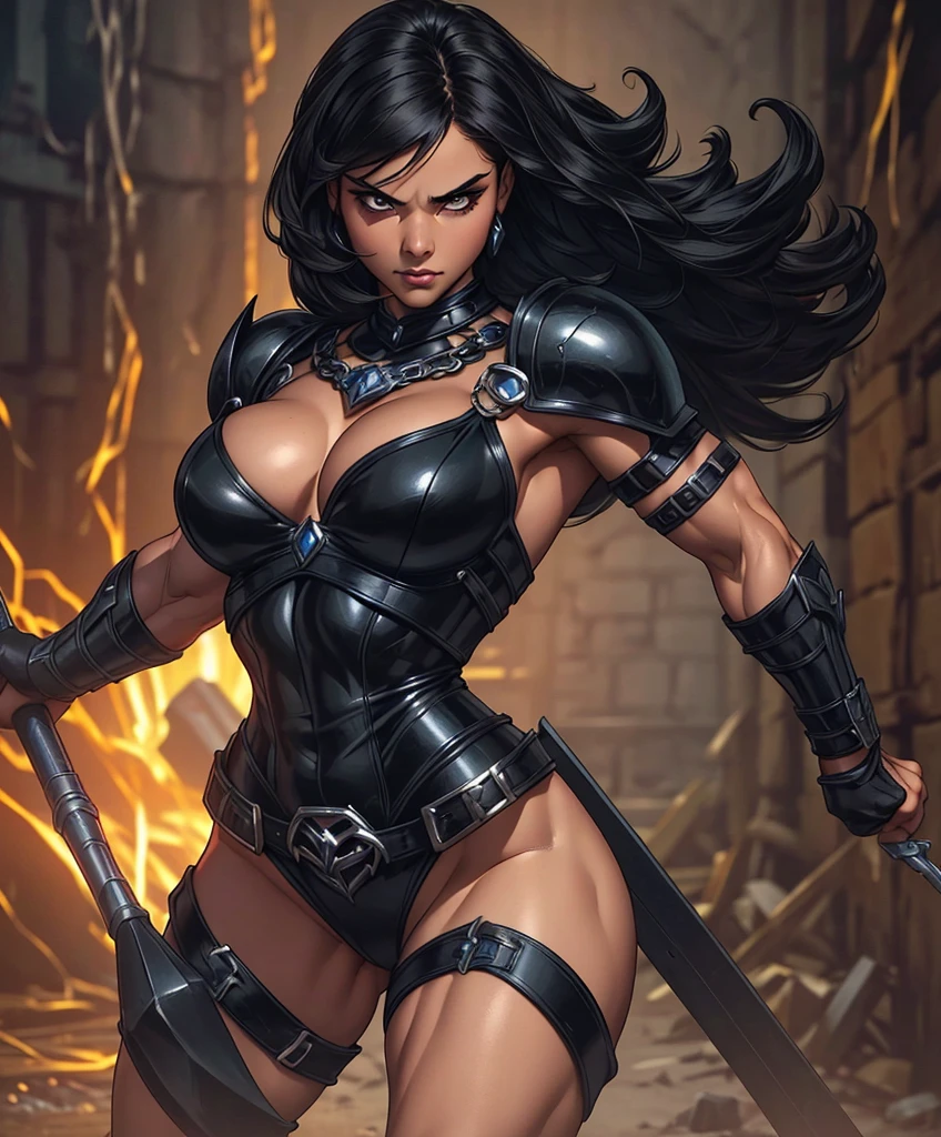 Solo focus.  Single character image. (((Appears to be 20 years old with youthful looks.))) (((Dungeon background.))) (((Short. black sexy hair style.))) Create a powerful and muscular mighty female warrior who exudes raw sexual energy and dominance. Her very presence is intimidating and ruthless.  Rowdy, bawdy, sexy.   Her muscles ripple with power and strength, accentuated by her tight-fitting armor that leaves little to the imagination. Her breasts are large and full, almost bursting out of her armor as she strides confidently into battle. Muscular.  Bodybuilder physique.  Intense gaze.