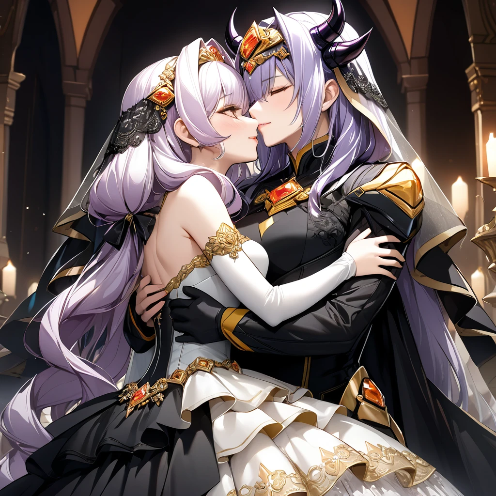 ((Highest quality)), ((masterpiece)), (detailed), （Perfect Face）、The woman has light purple hair in Extia Magica、The woman is wearing a gorgeous black wedding dress with gold embroidery and trim, and a black wedding veil, and is embracing and kissing the great demon king to celebrate their wedding.