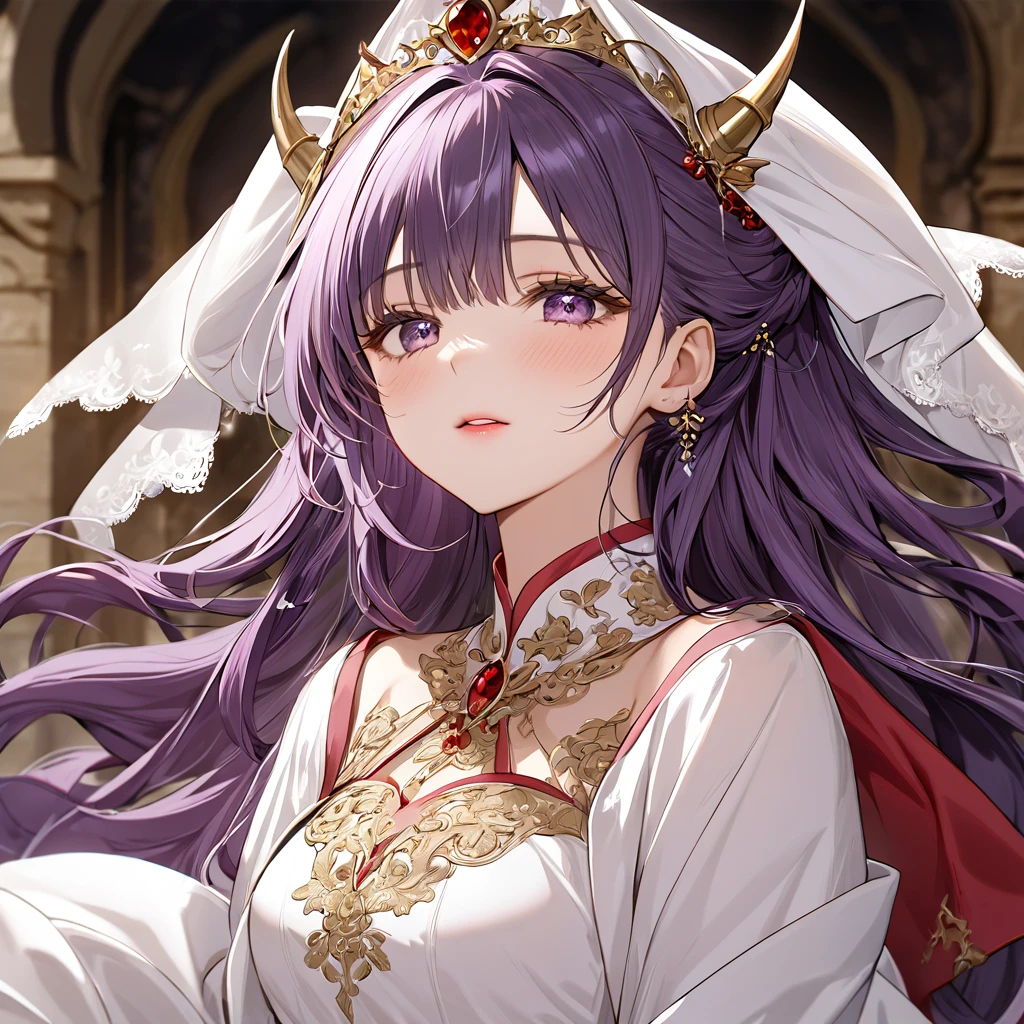 ((Highest quality)), ((masterpiece)), (detailed), （Perfect Face）、The woman is the princess of Moonbrooke, with purple hair and a white robe and red hooded cloak.、She is a demon priestess、The woman is wearing a gorgeous black wedding dress with gold embroidery and trim, and a black wedding veil, and is embracing and kissing the great demon king to celebrate their wedding.