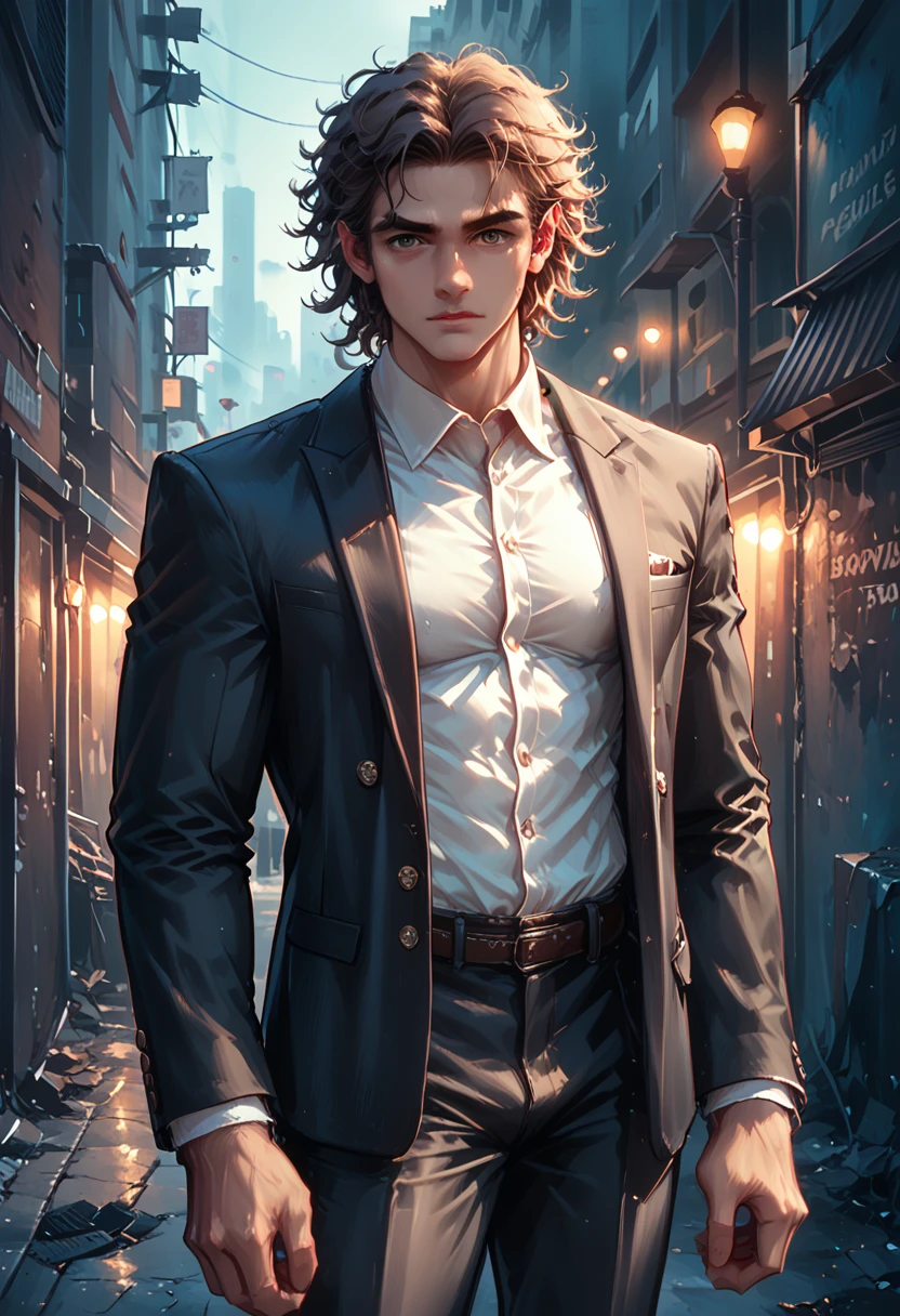 Male, muscular, brown skin, long brown curly hair, dark suit pants, black blazer with white shirt inside, city background, night, in a dark alley, realistic, 8k, Unreal Engine, highly detailed, octane rendering,