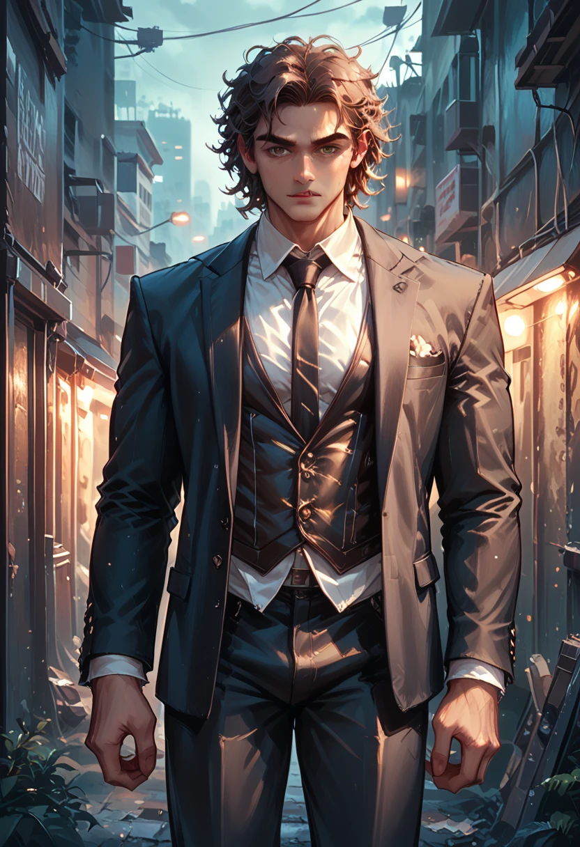 Male, muscular, brown skin, long brown curly hair, dark suit pants, black blazer with white shirt inside, city background, night, in a dark alley, realistic, 8k, Unreal Engine, highly detailed, octane rendering,