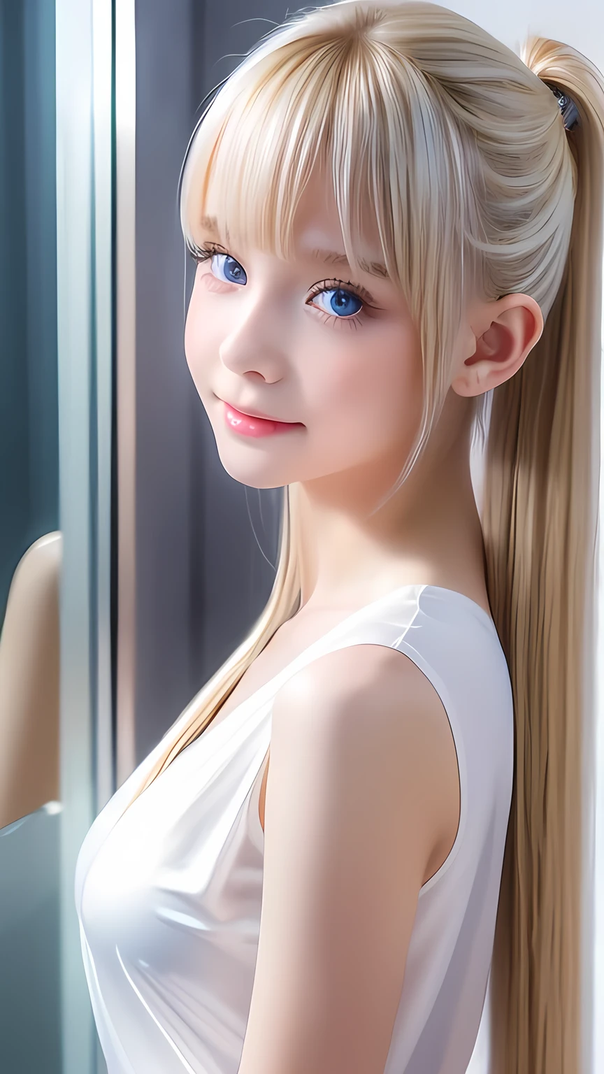 Portrait、School uniform、Bright expression、ponytail、Young, lustrous, glowing, white skin、The best beauty、Blonde reflection、Platinum blonde hair with dazzling highlights、Shiny bright hair,、super long silky super long straight hair、Shiny beautiful bangs、Sparkling, translucent, captivating, large blue eyes、Very beautiful lovely cute girl、Ample Bust