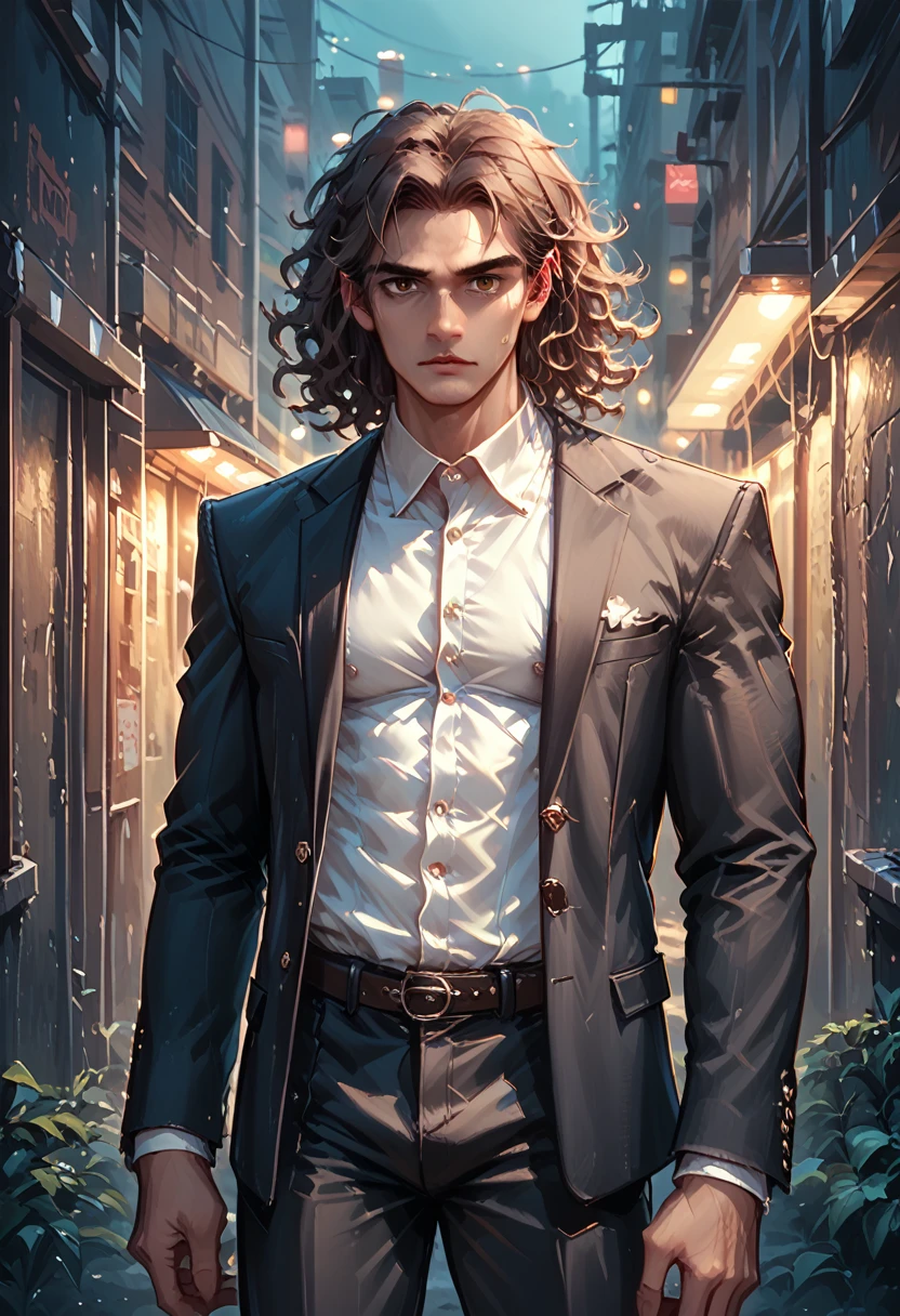 Male, muscular, brown skin, long brown curly hair, dark suit pants, black blazer with white shirt inside, city background, night, in a dark alley, realistic, 8k, Unreal Engine, highly detailed, octane rendering,