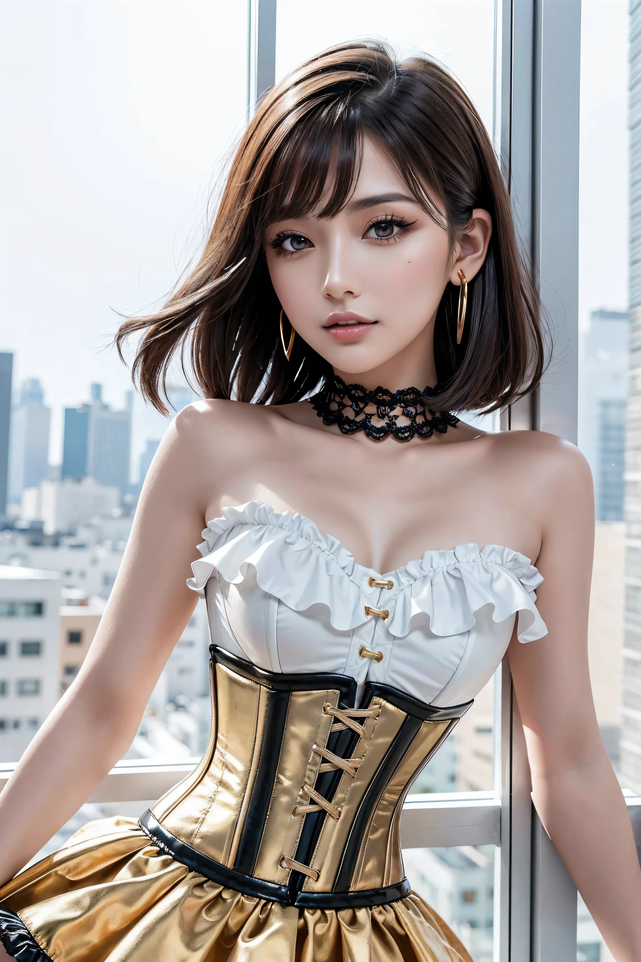 steampunk, Pink underwear, beautiful girl, 1, Japanese clothing, knife, ((Layered Haircut, Normal Chest: 1.2)), , Bandeau dress: 1.1,(masterpiece, Highest quality, Highest quality, Official Art, Beautiful and aesthetic:1.2), (1:1.3), Very detailed,(steampunk:1.2),colorful,Most detailed, Movie actress, (8k、Raw photo、Highest quality、masterpiece:1.2)、(Realistic、Photorealistic:1.37)、Full body shot Ultra Detail、超A high resolution、E-cup bust、beautiful 、1 person、See who's watching、Beautifully detailed face、Laughter、Full body 3/4、ponytail、beautiful belly button、beautiful bust、narrow、(Slim Waist) :1.3)、shirt、beautiful detailed skin、White panties、Skin Texture、Floating hair、Professional Lighting、Medium breast、Kind eyes、The bra is cute、The panties are cute、Panties are sexy、Showing off your bra、Showing panties