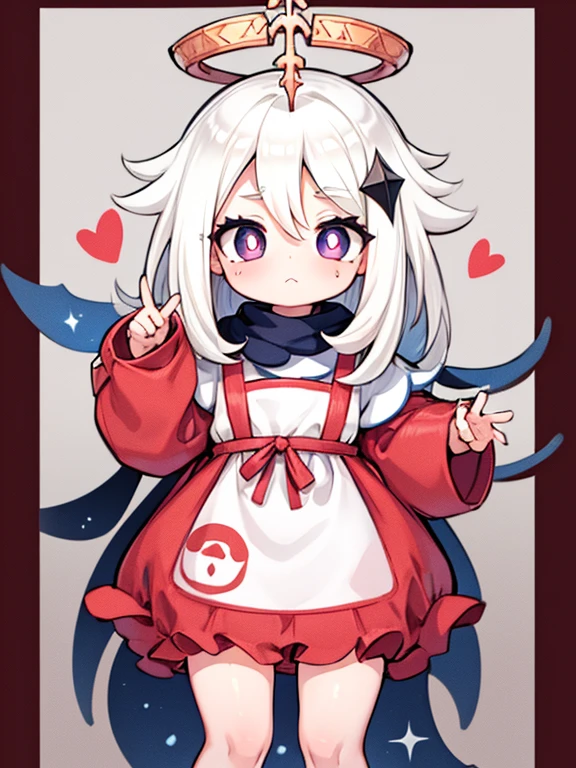 (ddler:1.3), Paimon ,(A white border around a dark red rectangular background：2.5),aprons，High detail,Moles under eyes, Heart-shaped pupils，Love pupils，Lots of hearts，Fleshy thighs,highly rendered，detailed face with