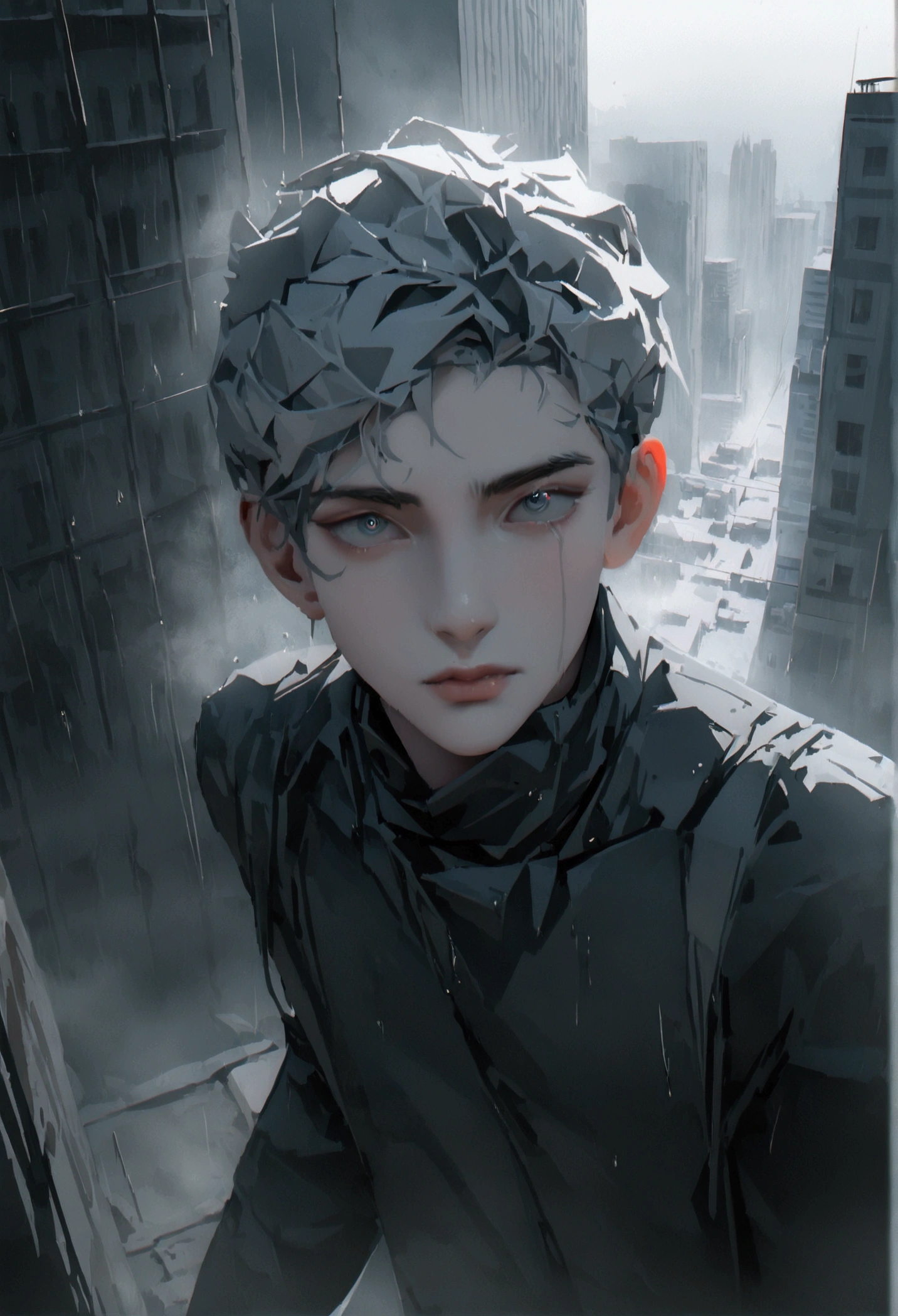 Make an epic anime cover poster with the young man in dark dystopian era, dystopian, anime, manhua, cyberpunk, violent, 4D, Ultra create,(8K, RAW photos, best quality, masterpiece: 1.4), (((Boy in gray hair)))，Ultra-high resolution, Extremely detailed, light, handsome boy, black eyes, (delicate eyes, Eyes are bright:1.2), Gray short hair, Fair skin,dark,(perfect anatomy:1.2), High-quality shadows, Natural Lighting, (White highlights:1.2), night, rainy day, (Four-story residential building in green moses:1.2), (dystopian city in rain:1.2)