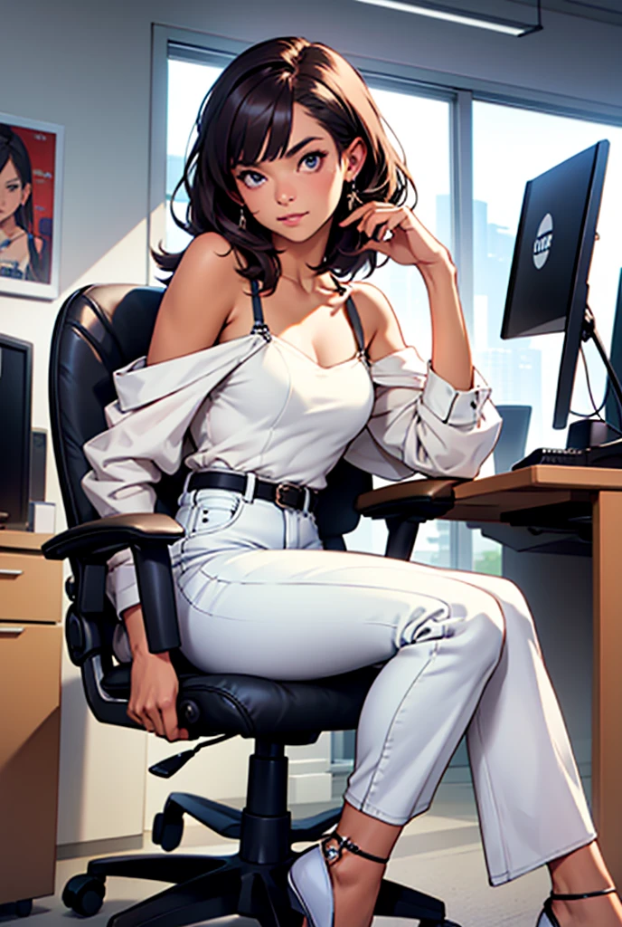 (Front View), Full body of a Girl with white off-shoulder dres, skinny jeans, high heels, sitting on an office chair facing the viewer in a straight pose, perfect face, perfect body, detailed eye, (masterpiece) 