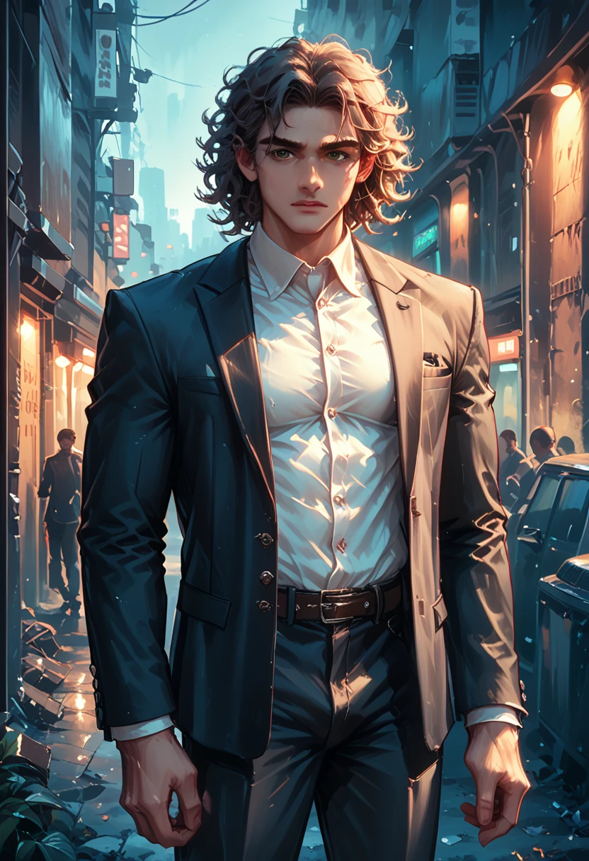 Male, muscular, brown skin, long brown curly hair, dark suit pants, black blazer with white shirt inside, city background, night, in a dark alley, realistic, 8k, Unreal Engine, highly detailed, octane rendering,