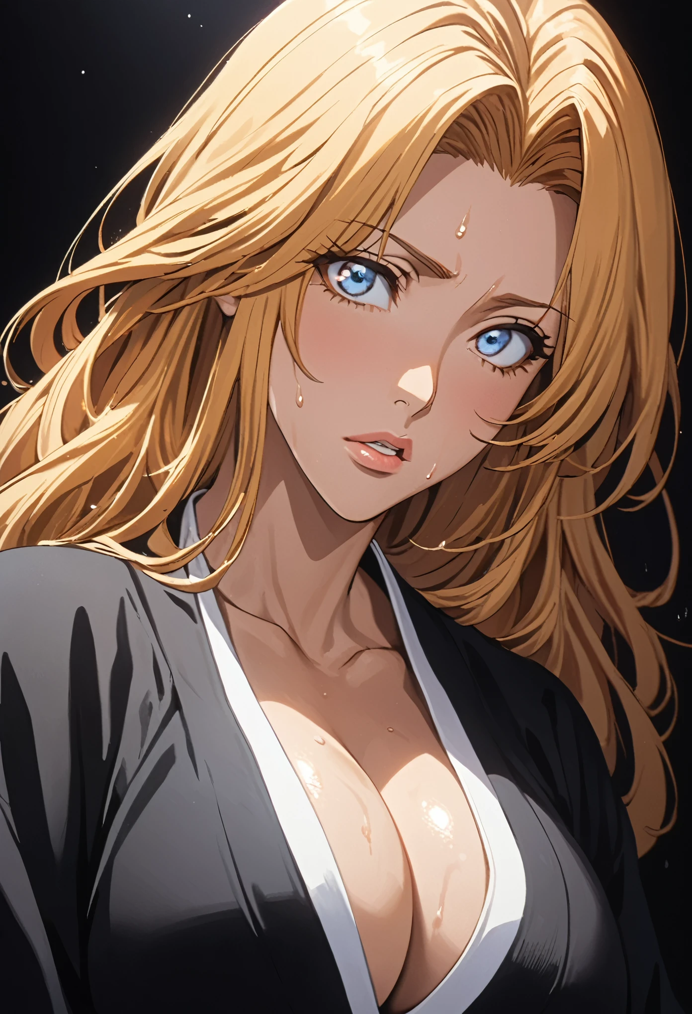 masterpiece, Highest quality, High resolution, 16K,(Matsumoto Rangiku),(BLEACH),1990s \(style\),G-cup beautiful breasts、height: 170cm,Sweating all over the body、Glowing Skin,Muscular,((sexy)),独奏,Innocence,Anime-style painting style, Blonde,long hair、Big eyes,Plump lips,Airy hairstyle,Black Kimono,Composition focusing on the upper body,A little bit realistic,Cinema Lighting