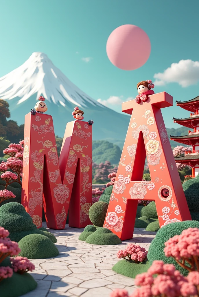 A 3D representation of the letter 'M' and 'A' with beautiful Japan patterns suitable for children. Each letter is shown as a japan giant , surrounded by Japan cultural landscapes, indicating Japaness