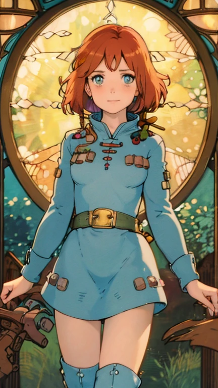 (1girl, solo, highly insanely detailed, masterpiece, top quality, best quality, highres, 4k, 8k, RAW photo),((innocent look)),((Childish)),From the front, symmetrical composition,smile,cute,Innocent,Kind eyes,Flat chest,ArsMJStyle, Art Nouveau,ghibli style,  (Nausicaa), (redhead, brown eyes), standing 