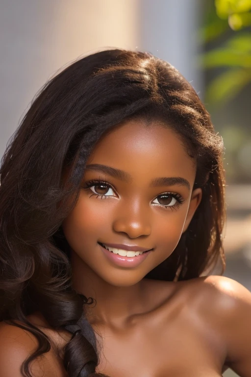 (portrait, editorial photograph)  (((( beautiful black girl )))) , adorable face, long brown curly hair, hazel eyes, by lee jeffries, nikon d850, film stock photograph ,4 kodak portra 400 ,camera f1.6 lens ,rich colors ,hyper realistic ,lifelike texture, dramatic lighting, (highly detailed face:1.4), perfect eyes, realistic iris, perfect teeth, (smile:0.7), (background dark, shadow of the leaves, moody, cleavage), sun rising, early morning light, Wishing for something, masterpiece, best quality, photorealistic, (((( Citizen of Guinea-Bissau )))), very cute super model, perfect anatomy, skinny, ((1 girl)), (colorful reflections in the eye), (nudist), (smiling, white teeth), small nipples,(((( large breasts ))))
