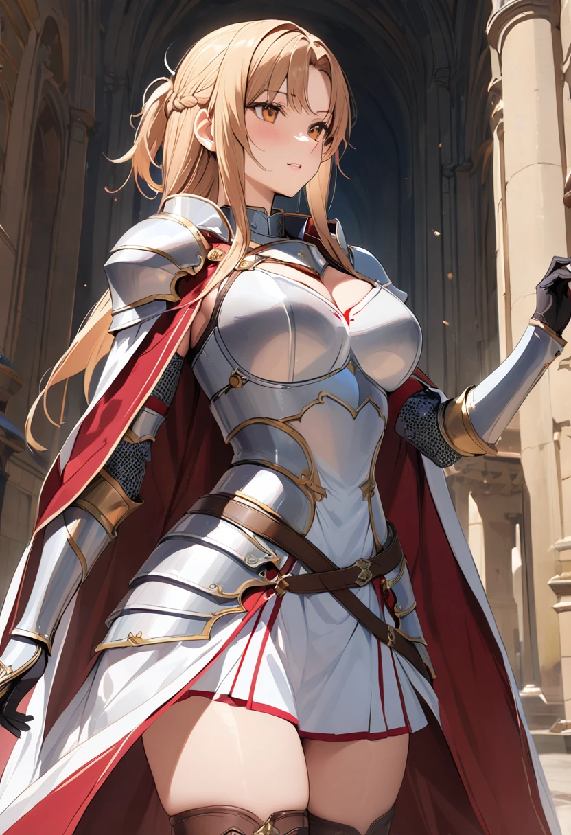 ((masterpiece)), Highest quality, Very detailed,(One person&#39;S),As Yuuki, Long Hair, bangs, Brown Hair, Brown eyes, very Long Hair, Braiding,
dress, Cape, armor, white dress, Shoulder armor, Gauntlet, Scapula, chest当て, armored dress, fail, white Cape, knight, white armor, body armor,
 Long Hair, Beautiful background ,clothing,  chest, 