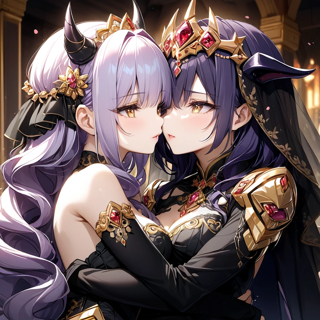 ((Highest quality)), ((masterpiece)), (detailed), （Perfect Face）、The woman has light purple hair in Extia Magica、The woman is wearing a gorgeous black wedding dress with gold embroidery and trim, and a black wedding veil, and is embracing and kissing the great demon king to celebrate their wedding.