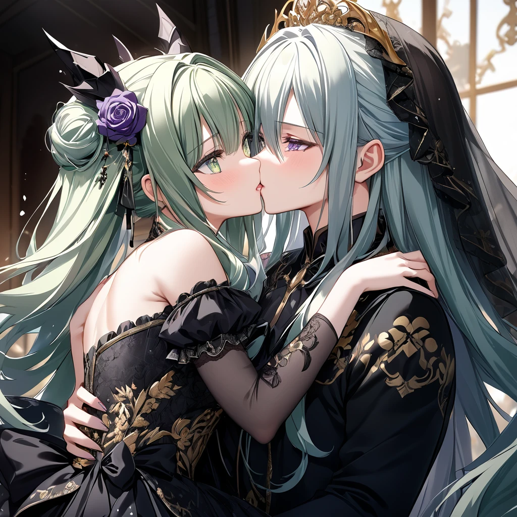 ((Highest quality)), ((masterpiece)), (detailed), （Perfect Face）、The woman is Extia Flora、The woman is wearing a gorgeous black wedding dress with gold embroidery and trim, and a black wedding veil, and is embracing and kissing the great demon king to celebrate their wedding.