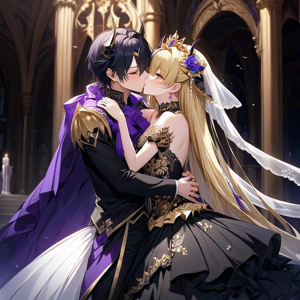 ((Highest quality)), ((masterpiece)), (detailed), （Perfect Face）、The woman is Extia Spica、The woman is wearing a gorgeous black wedding dress with gold embroidery and trim, and a black wedding veil, and is embracing and kissing the great demon king to celebrate their wedding.