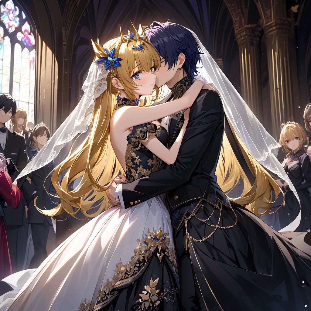 ((Highest quality)), ((masterpiece)), (detailed), （Perfect Face）、The woman is Extia Spica、The woman is wearing a gorgeous black wedding dress with gold embroidery and trim, and a black wedding veil, and is embracing and kissing the great demon king to celebrate their wedding.