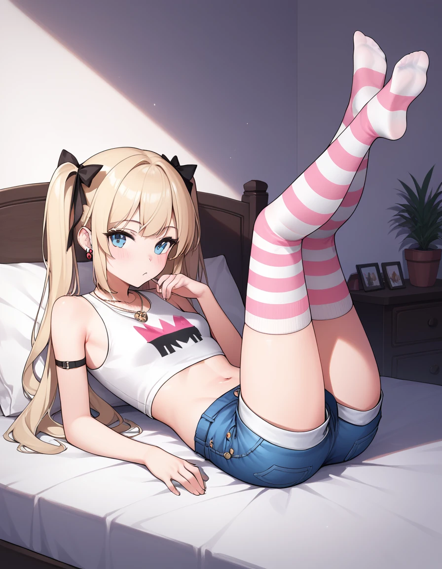 score_9, score_8_up, score_7_up, score_6_up, rating_safe, (masterpiece, best quality), 1girl, small breasts, small hips, crop top, denim shorts, bedroom, striped thighhighs, pervert, legs up, 