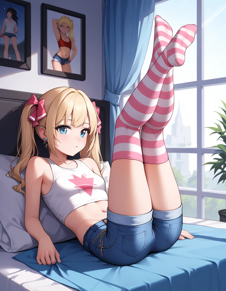 score_9, score_8_up, score_7_up, score_6_up, rating_safe, (masterpiece, best quality), 1girl, small breasts, small hips, crop top, denim shorts, bedroom, striped thighhighs, pervert, legs up, 