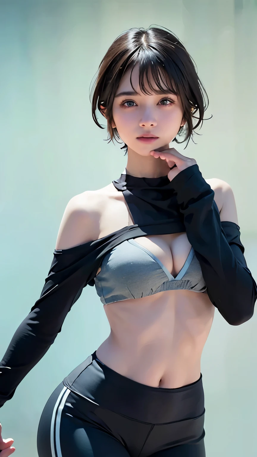 Looking at the audience, Cinema Lighting, perfection, Soft Light, High Resolution Skins:1.2, Realistic skin texture, 、Small face、No makeup、Off the shoulder,Bust B cup、 Exposed cleavage, blue eyes, short hair, Dark brown hair、leggings、Great for sports、Full nudity、Gray background