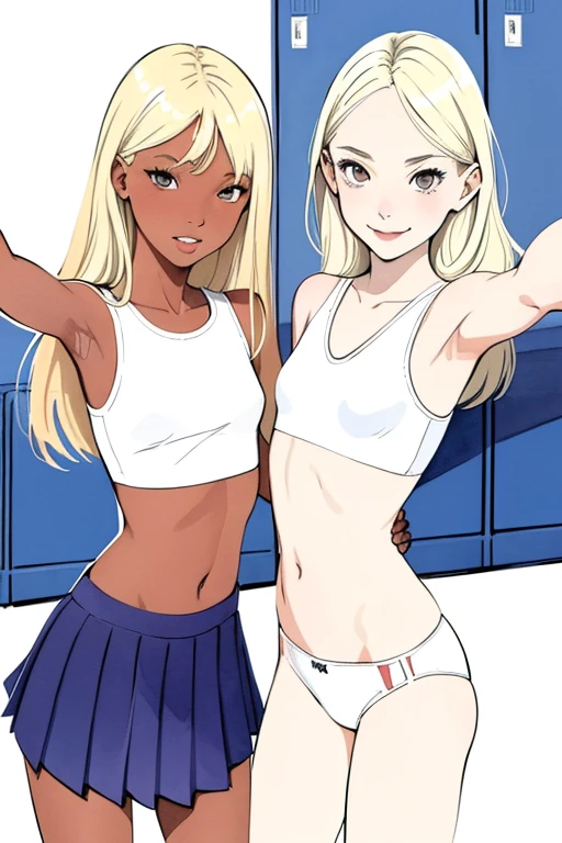 (superflat, flat shading, flat colors:1.1), 2girls, young , , slim, small breast, blonde hair, (tanned skin:0.5), pale skin, white crop top, (white panties), smile, selfie, locker room, bright sunlight, best shadows, watercolor, takamichi style