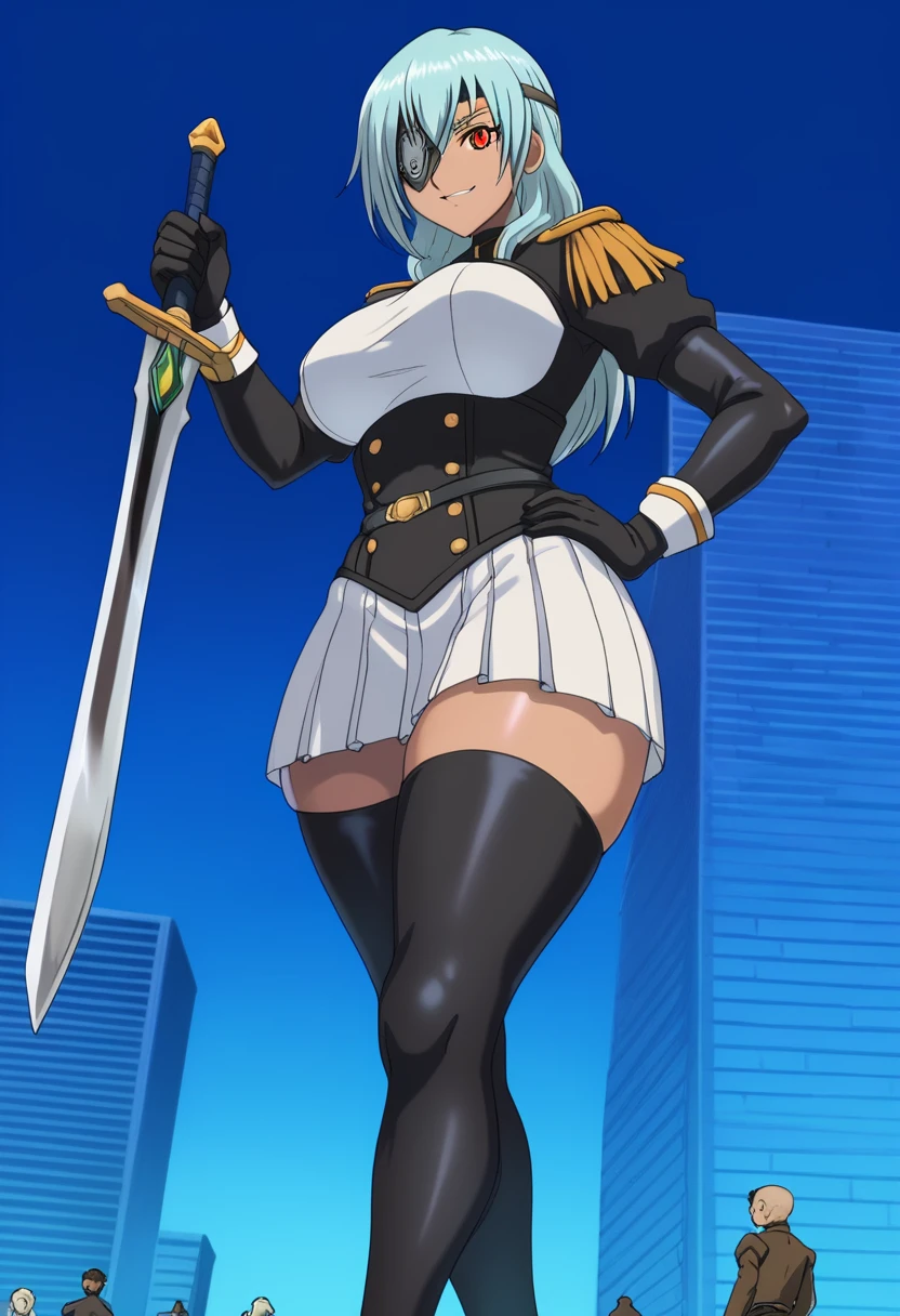 ultra-detailed, detailed face, detailed eyes, retro anime style, cartoon style, front view, from bottom, low angle, powerful shot, powerful effects, dynamic effects, dynamic shot, 

athletic curvy physique, inverted body type, attractive feminine curves, big breasts, curvy legs and arms, feminine curvy figure, (thick thighs, thick calves, thick voluptuous legs, big curvy hip, bare knees, bare thighs), ((style of plump voluptuous body)), plump thighs, plump calves,

black over-the-calf boots, leather lace boots, white dress armor, gold metal epaulettes, navy pleated mini skirt, black elbow length gloves, leather gloves, 

light blue long hair, red glowing eye, dark skin, dark-skinned male, eyepatch,

1 beautiful giant boy who is a brilliant knight, looking down with evil smile, (elegantly walking on road between buildings, chasing small people around his steps, looking down people around his foot, put hand on hip, holding long sword in another hand, crossed legs, size difference), rampage, corrupted city, destroyed buildings, corrupted buildings, scattered rubble around his feet, cracks on the road she walked along, trampling tiny human with his foot, trampled human, dusts rolled up every she steps, overwhelming, terrible, 

building size, david,