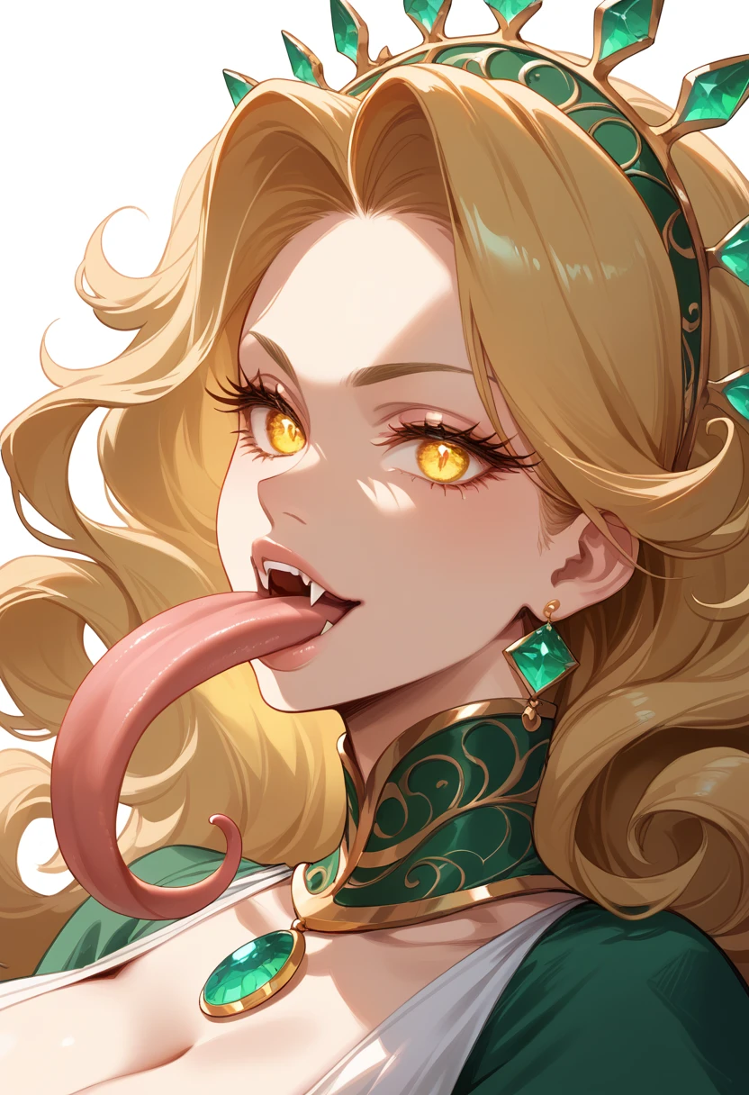 masterpiece,High resolution,Highest quality,8k
(Very mature woman,Voluptuous figure,Super big breasts)(Green curly long hair,Center Part,Glowing yellow eyes,Reptile eyes and fangs,Longitudinal pupils,Long eyelashes) ((Half-scale skin,Long Tongue))
(Wearing a saree)