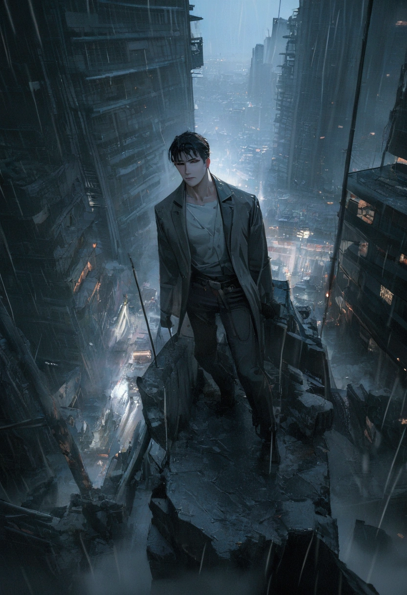 Make an epic anime cover poster with the young man in dark dystopian era, dystopian, anime, manhua, cyberpunk, violent, 4D, Ultra create,(8K, RAW photos, best quality, masterpiece: 1.4), (((Boy in the rain)))，Ultra-high resolution, Extremely detailed, light, handsome boy, black eyes, (delicate eyes, Eyes are bright:1.2), Gray short hair, Fair skin,dark,(perfect anatomy:1.2), High-quality shadows, Natural Lighting, (White highlights:1.2), night, rainy day, (Four-story residential building in green moses:1.2), (dystopian city in rain:1.2)