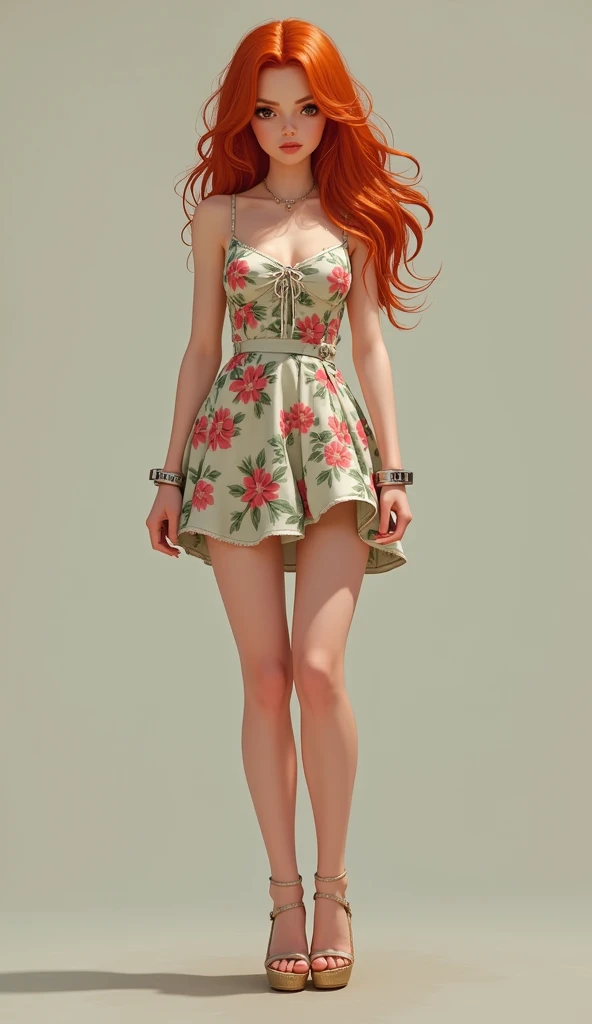 Girl, ginger hair, short flower dress, wedge heels, hands handcuffed