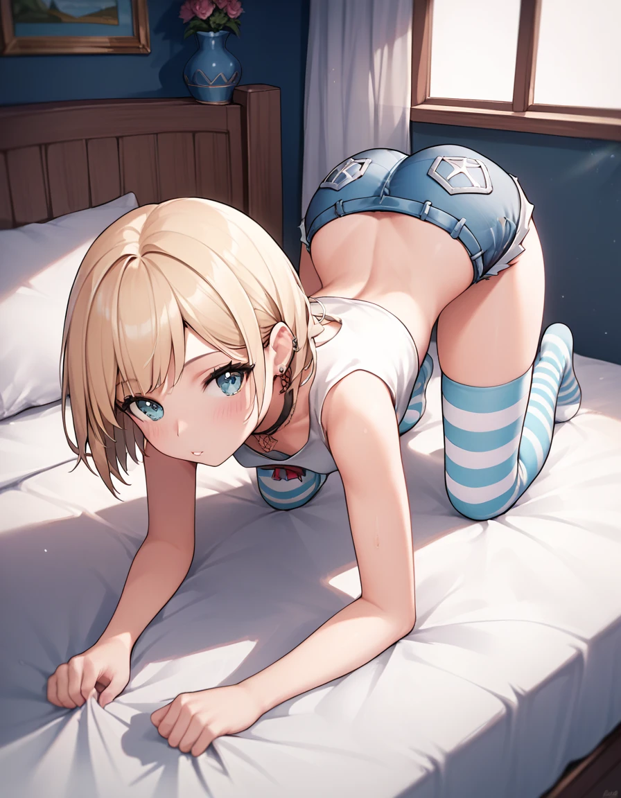 score_9, score_8_up, score_7_up, score_6_up, rating_safe, (masterpiece, best quality), 1girl, small breasts, small hips, crop top, denim shorts, bedroom, striped thighhighs, pervert, ass, on all fours,